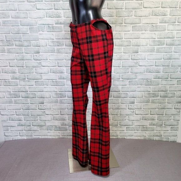 Just Polly Womens L Red Buffalo Plaid Cutout Hip Flare Leg Trendy Pants - Picture 5 of 8